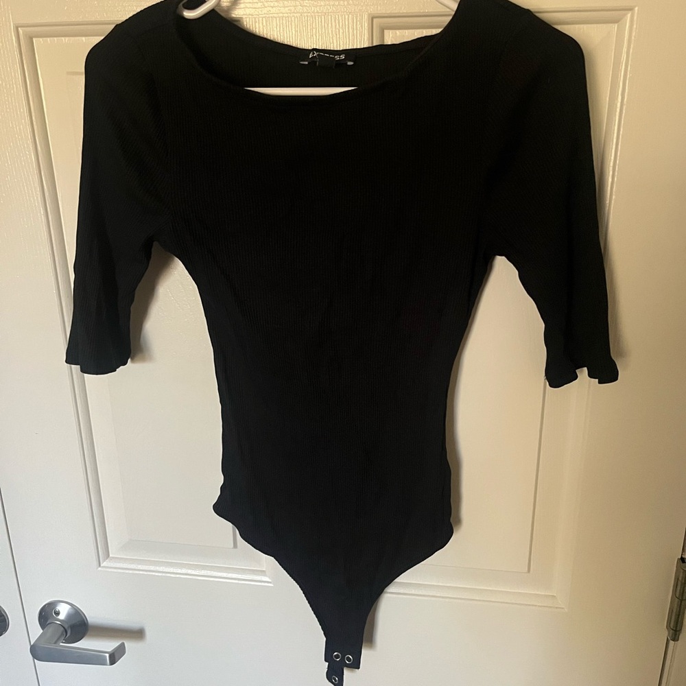 Express Black Ribbed Scoop-Neck Bodysuit with Elbow Sleeves